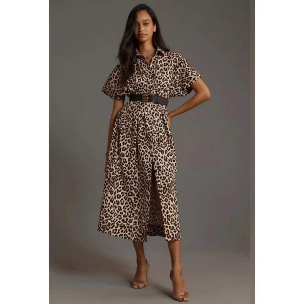 Anthropologie Tobie Button-Front Pleated Shirt Dress Exquise XS Petite Leopard